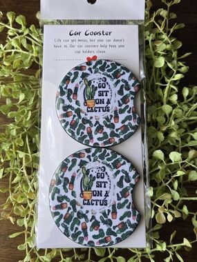 Go Sit on a Cactus Car Coasters - Green Pattern (Set of 2)